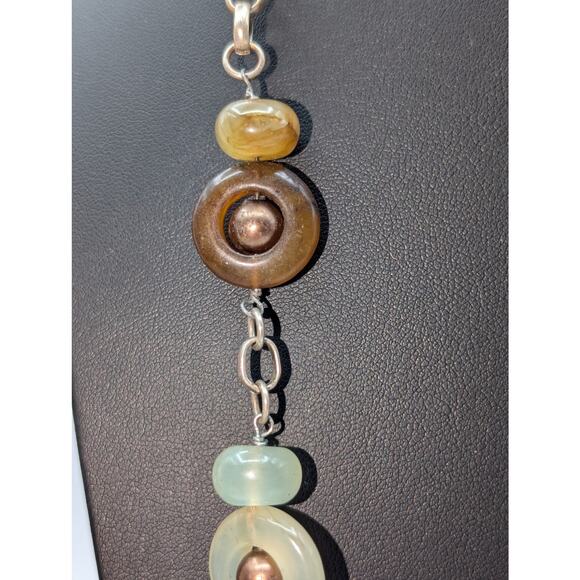 Vtg Green Brown Neutral Colors Stone & Glass Bead Silver Tone Chain Necklace - Picture 3 of 7